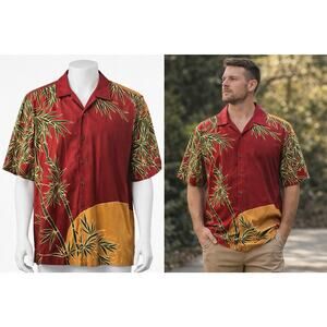 Tommy Bahama Silk Hawaiian Shirt Mens XL Red Orange Bamboo Asian Print Aloha Y2K